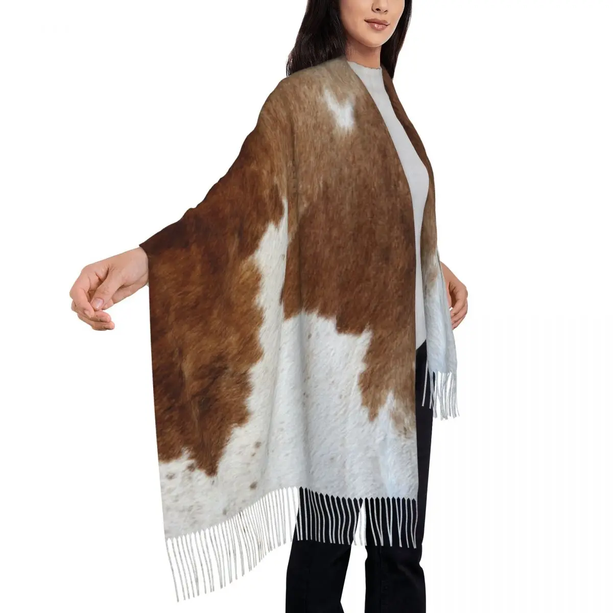 أنيق البقرة الفراء جلد البقر الملمس جلد البقر طقطق وشاح شرابة الأوشحة للنساء شالات ويلتف كبير الخريف الشتاء شال التفاف