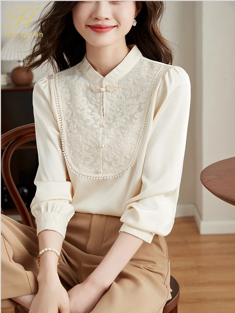 H Han Queen New Autumn Vintage Office Blouse Female Shirt Lace Embroidery Beads Tops Long Sleeve Casual Women Loose Blouses