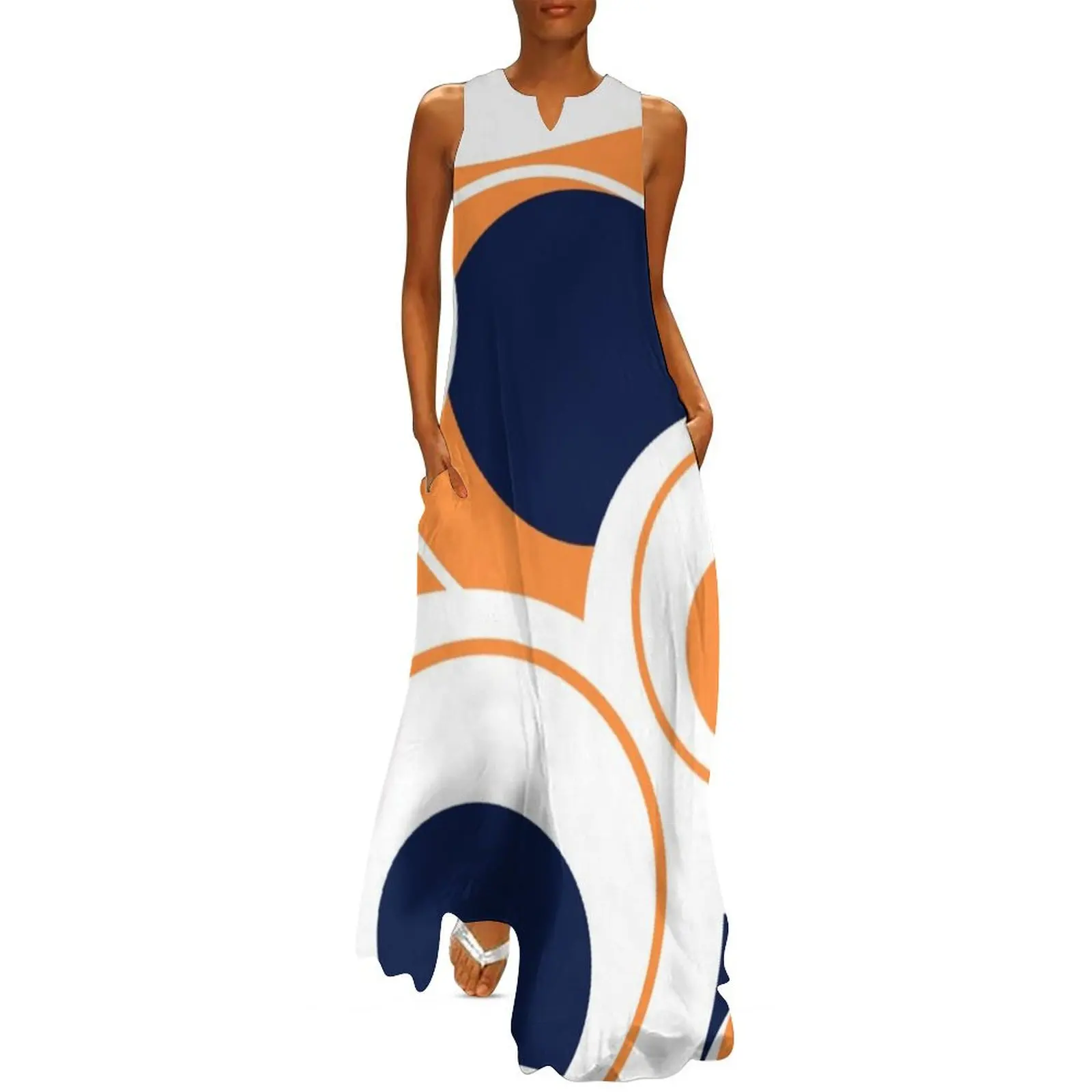 

Navy, orange and white abstract circle design Long Dress sexy dress woman dress evening dresses luxury 2024 for women 2024