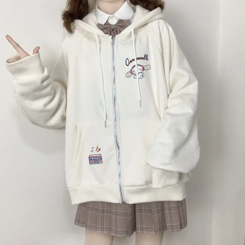 Japanese Sanrio Cinnamoroll Long Sleeve Zip Up Hoodie Sweatshirt Kuromi Women Spring Autumn Loose Vintage Sweet Cool Cardigan