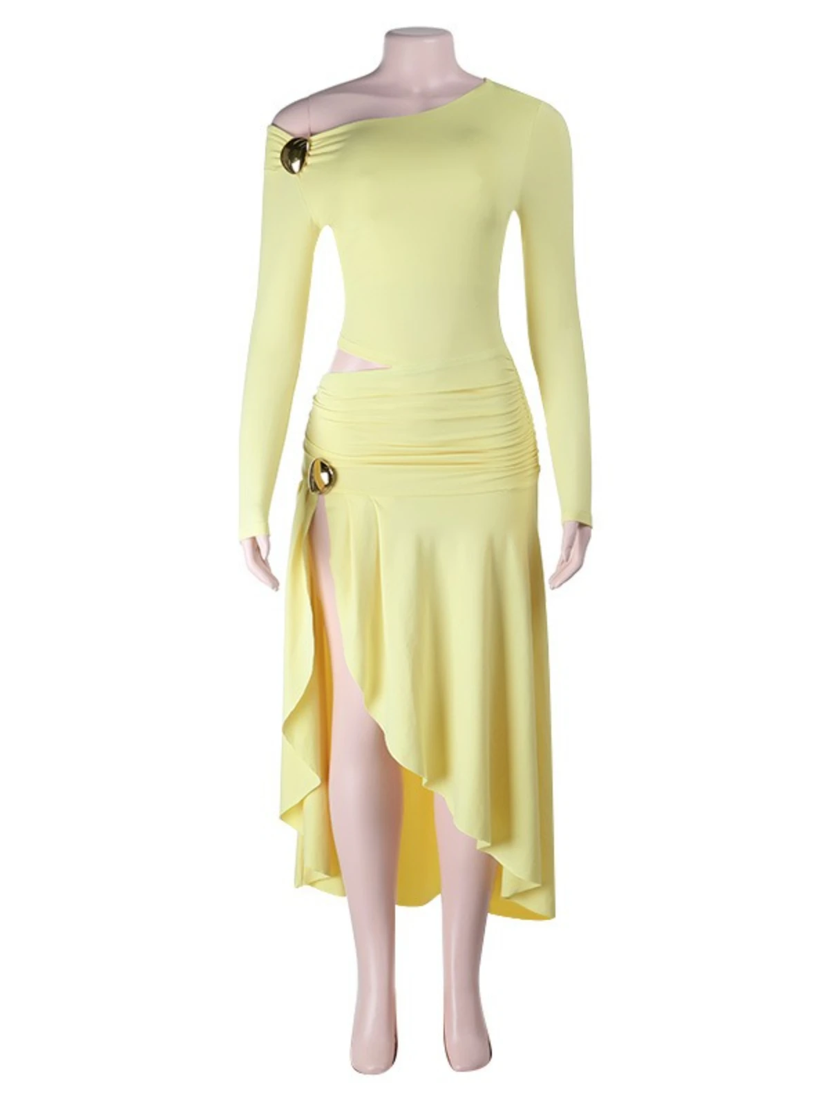 SsTss Women Fashion Solid Long Sleeve Irregular Dress Sexy One Shoulder Cutout Waist Slim High Split Elegant Party Dress Outfits