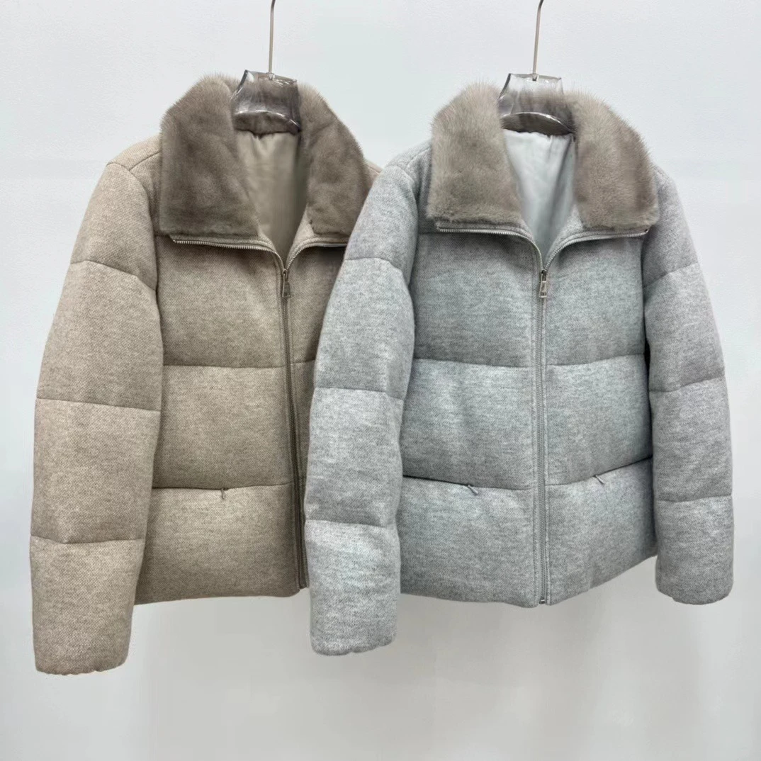 New Light Luxury Mink Fur Collar Goose Down Jacket For Women Drawstring Waist Short Stand Collar Fur Coat For Warmth