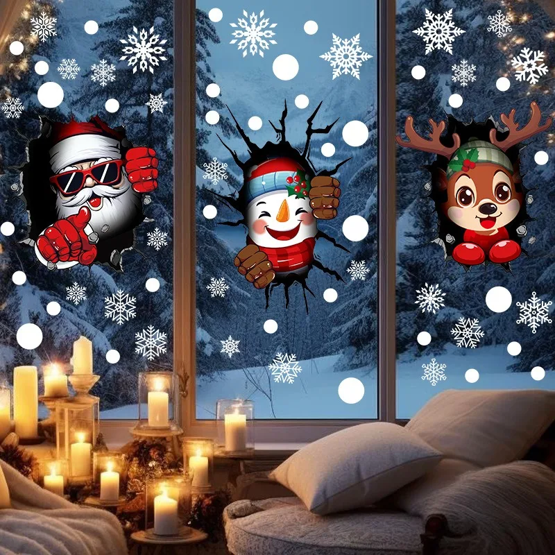 Christmas Decorative Glass Stickers Simulation Crack Gap 3D Santa Claus Window Stickers Elk Snowman Electrostatic Stickers