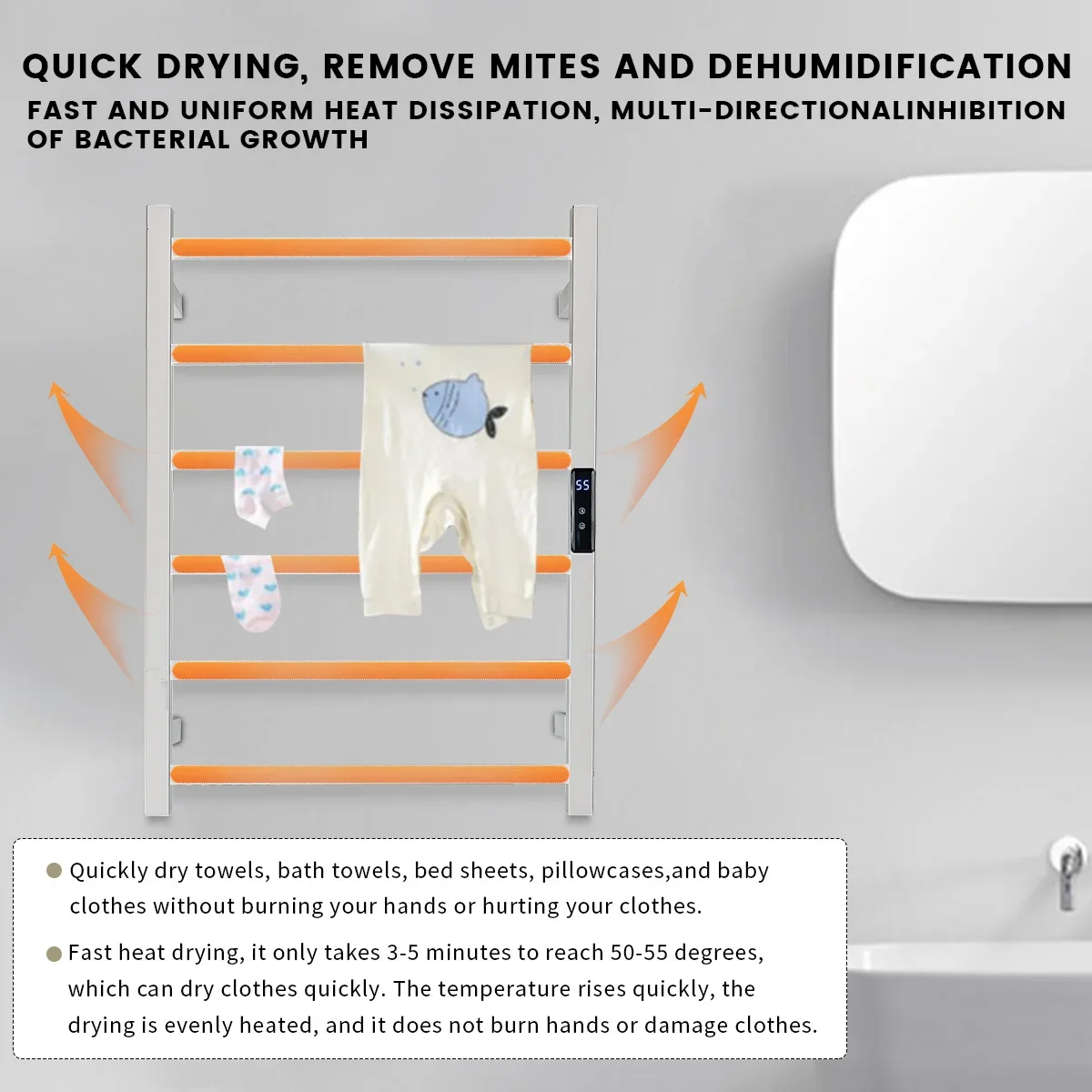 Electric Towel Warmer Stainless Steel Bathroom Equipment Towel Drying Rack Hidden Wire Temperature&Time Control Smart Home