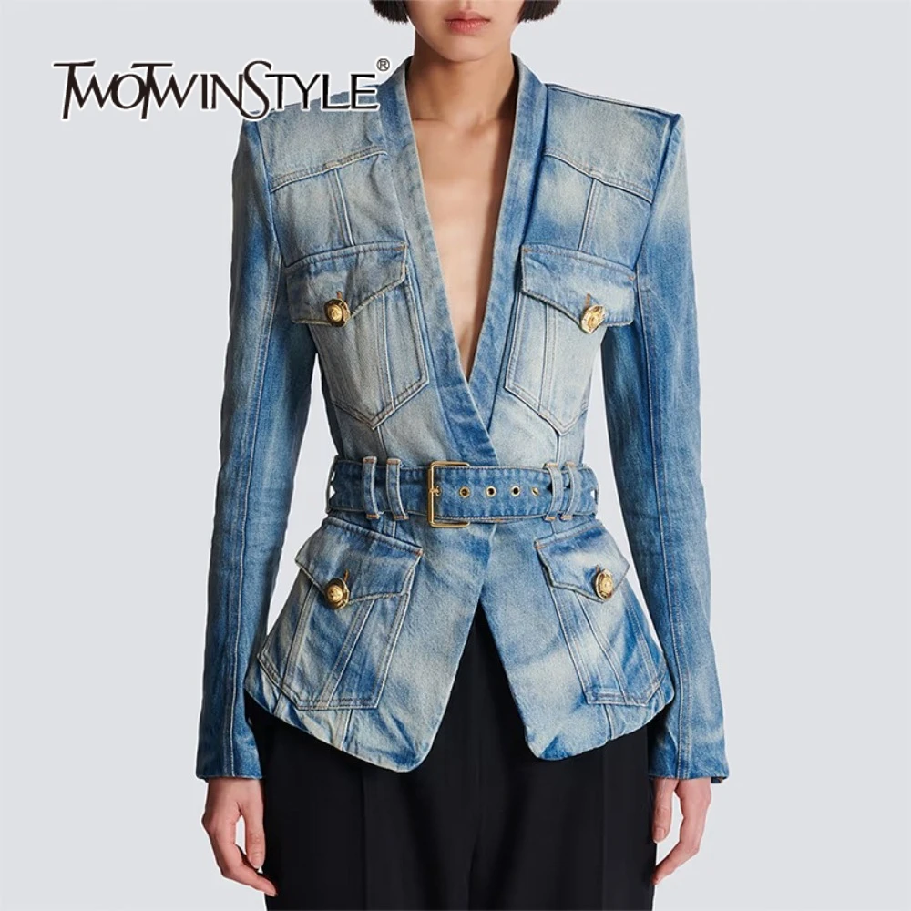 

TWOTWINSTYLE Slimming Spliced Belt Fashion Jackets for Women V Neck Long Sleeves Patchwork Pocket Cowboy Jacket Female Clothing