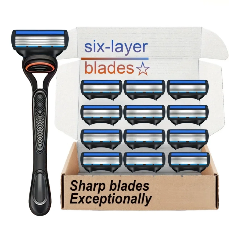 6-Layer Manual Men's Shaving Razor/Replacement Blades, 6-Layer Razor Stand, Washable, Stainless Steel Depilation Tool