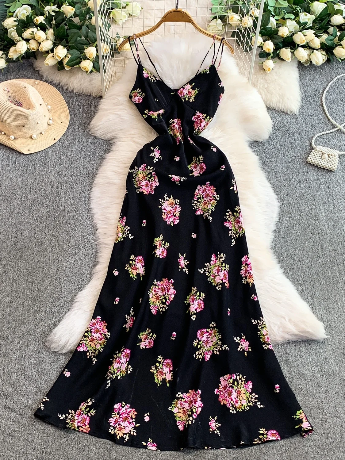 Ele Satin Print V-Ne Strapl Dr Damen High Waist A-Line Knielanger Rock Ele Sle Blumendruck Sommer Dr