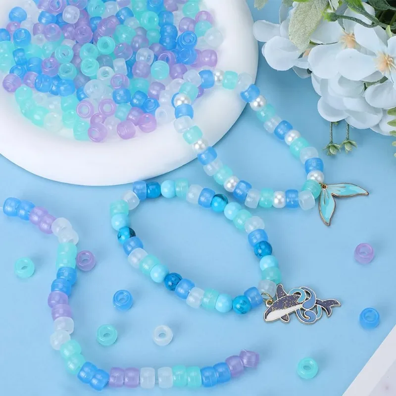 800Pcs Pony Beads Bulk 6x9mm Glow in The Dark Pony Beads Plastic Luminous Pony Beads Blue Purple Opaque Braid Loose Spacer Beads