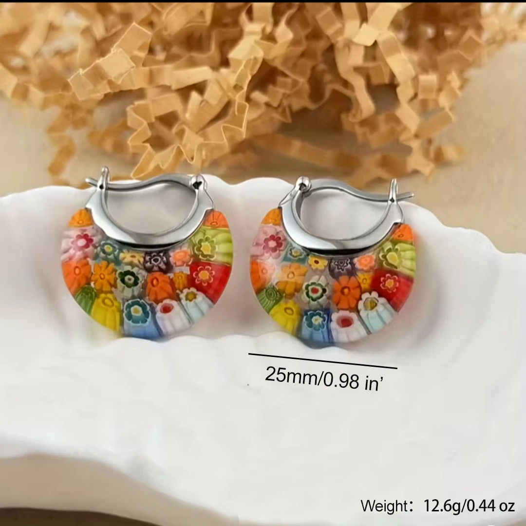 Colorful Murano Style Millefiori Glass Hoop Earrings for Women Trendy – Floral Statement Hoops, Stainless Steel Flower Jewelry