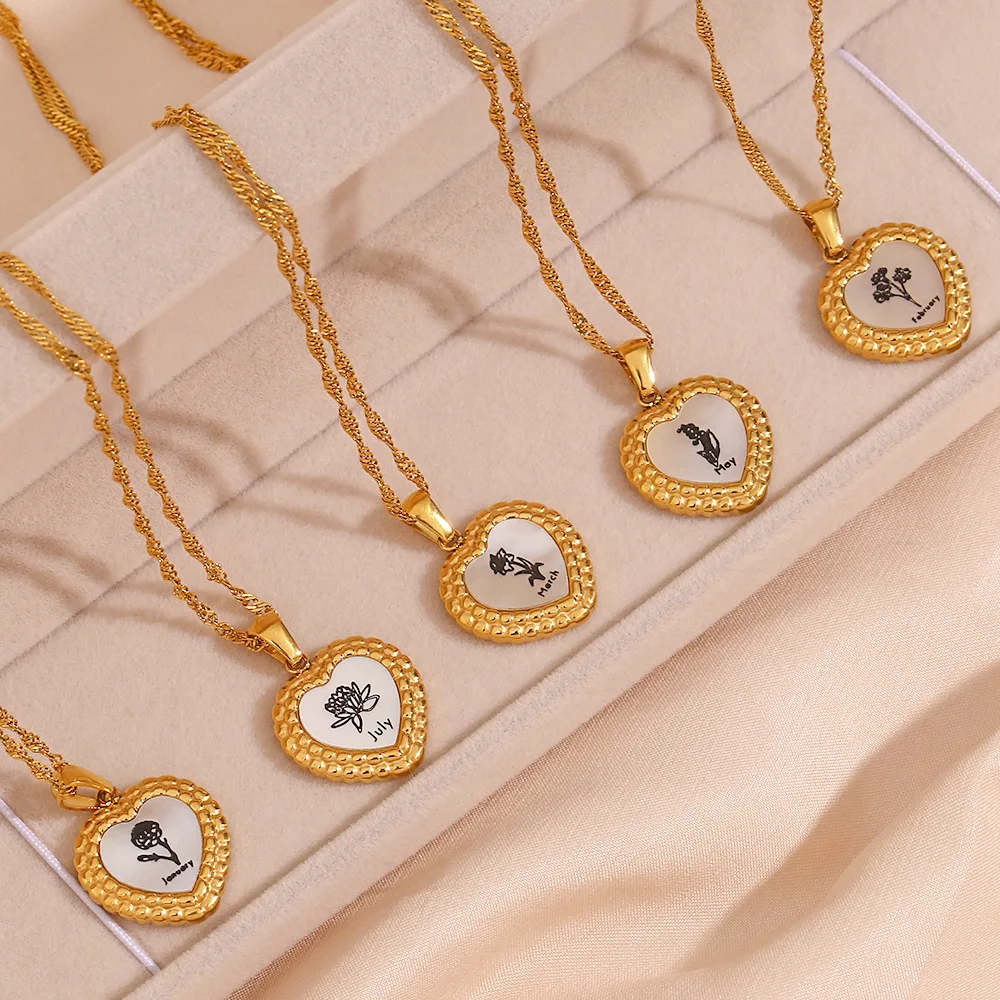 Dainty Birth Flower Necklaces for Women Girls Heart Shell Penadant Birth Month Flower Gold Plated Necklace Chian Birthday Gifts