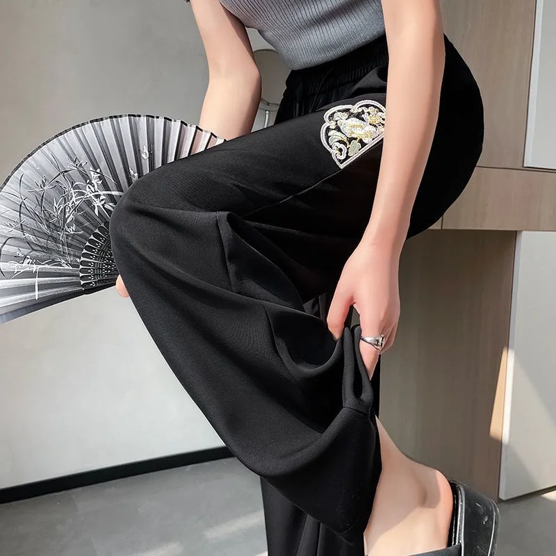 Calças de perna larga para mulheres no verão fino estilo chinês bordado moda casual calças retas soltas e finas e na moda