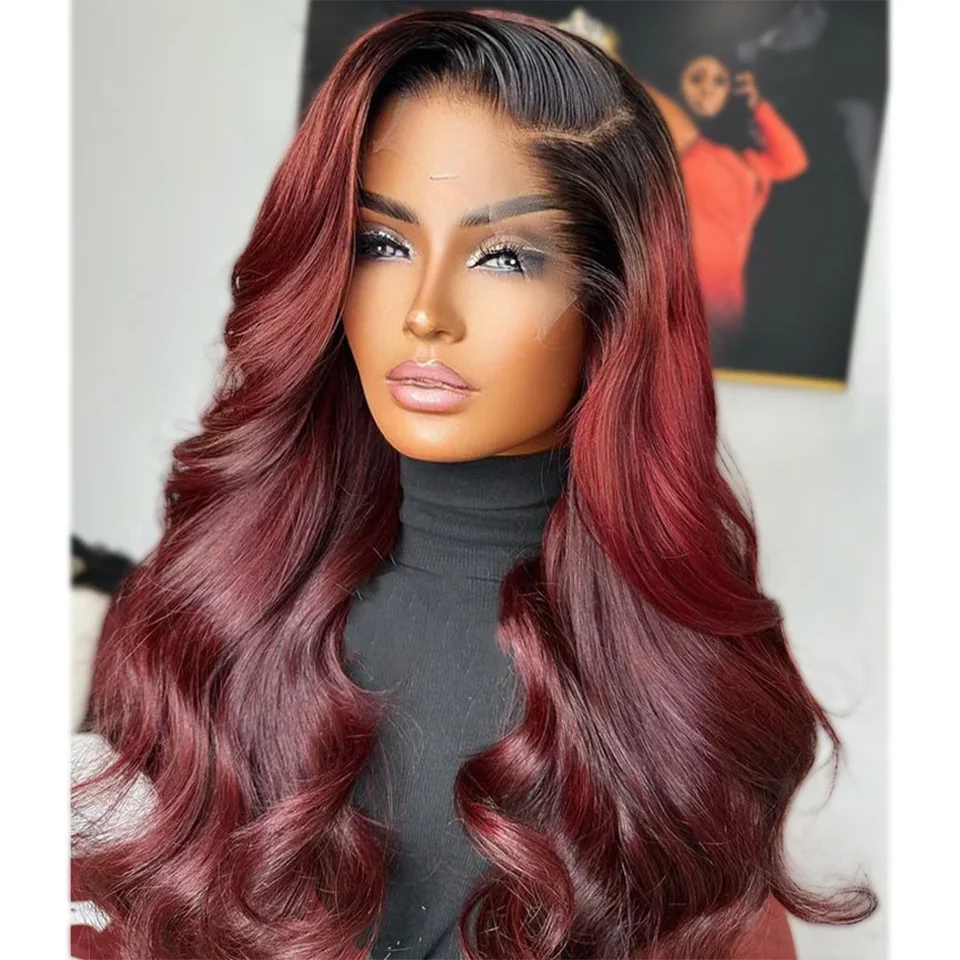 

Dark Red Body Wave Wig 13x4 Lace Front Wig Hd Transparent Lace Frontal Wig Human Hair Pre Plucked 99j Ombre Colored Wigs 180%