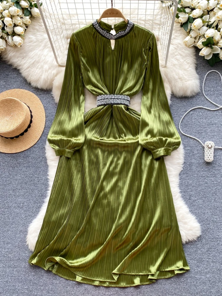 Women Elegant Satin Party Dress Vintage Diamond Embellished Stand Collar Slim Pleat Long Dresses Ladies Spring Autumn Long Robe