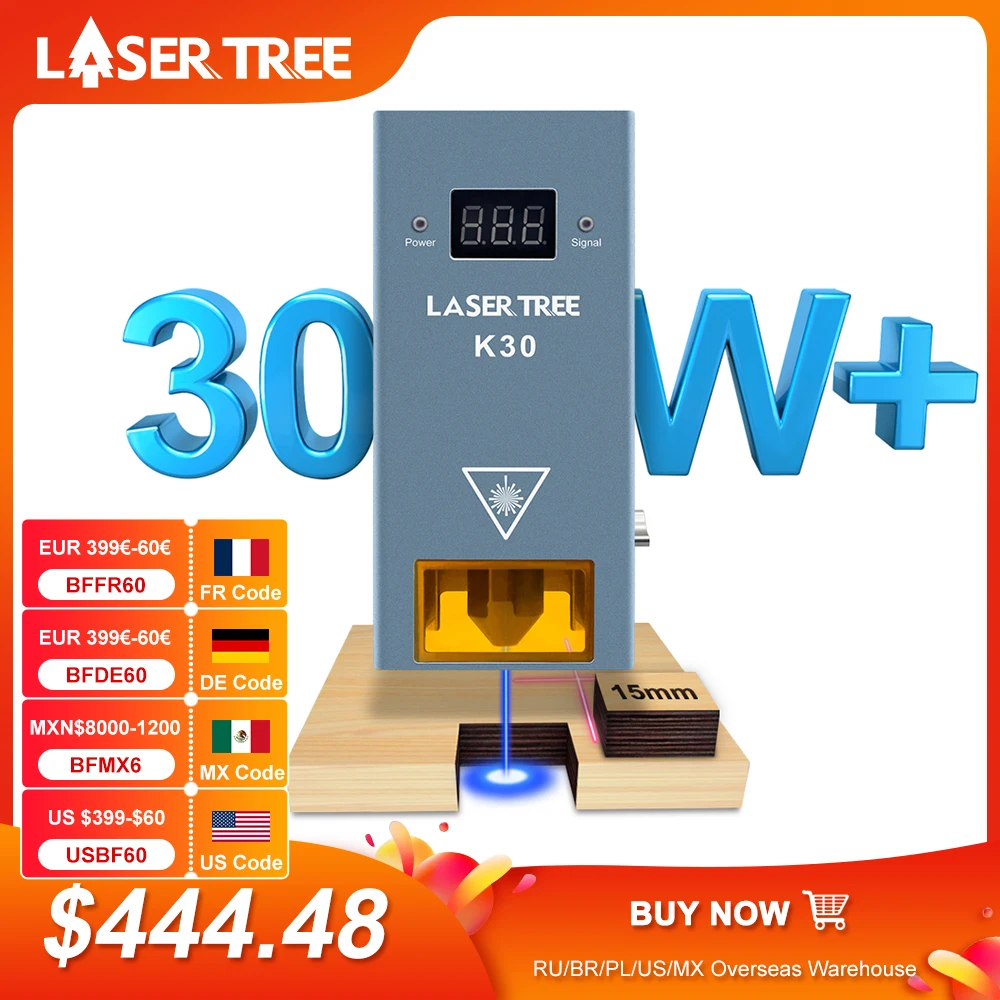 LASER TREE K30 30W Optical Power Laser Module with Air Assist 6 Diodes TTL Blue Light Laser Head for CNC Engraver Cutting Tools