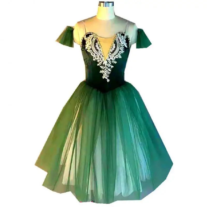 Falda larga de Ballet para niños y mujeres, tutú verde, disfraces de bailarina de baile del lago de los Cisnes, vestido de Ballet, Tops de terciopelo para niñas