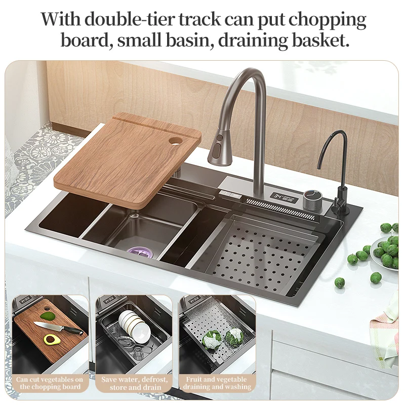 

304 Stainless Steel Kitchen Sink Nano Handmade Multifuctional Waterfall Faucet Above Counter/Apron Front/Undermount