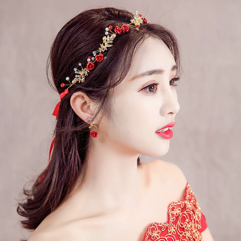 Elegant Girls Bridal Headband Red Cloth Flower Pearl Hair Headdress Flower Wreath Bride Garland Head Hoop Wedding Headbands