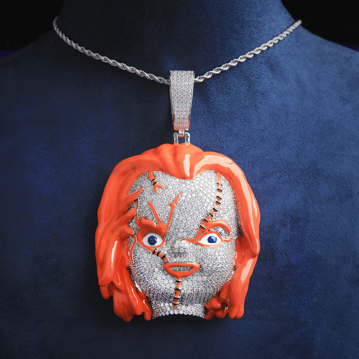 Bubble Letter Iced Out Character Head Necklace Pendant for Men Silver Plated Cubic Zirconia Hip Hop Jewelry