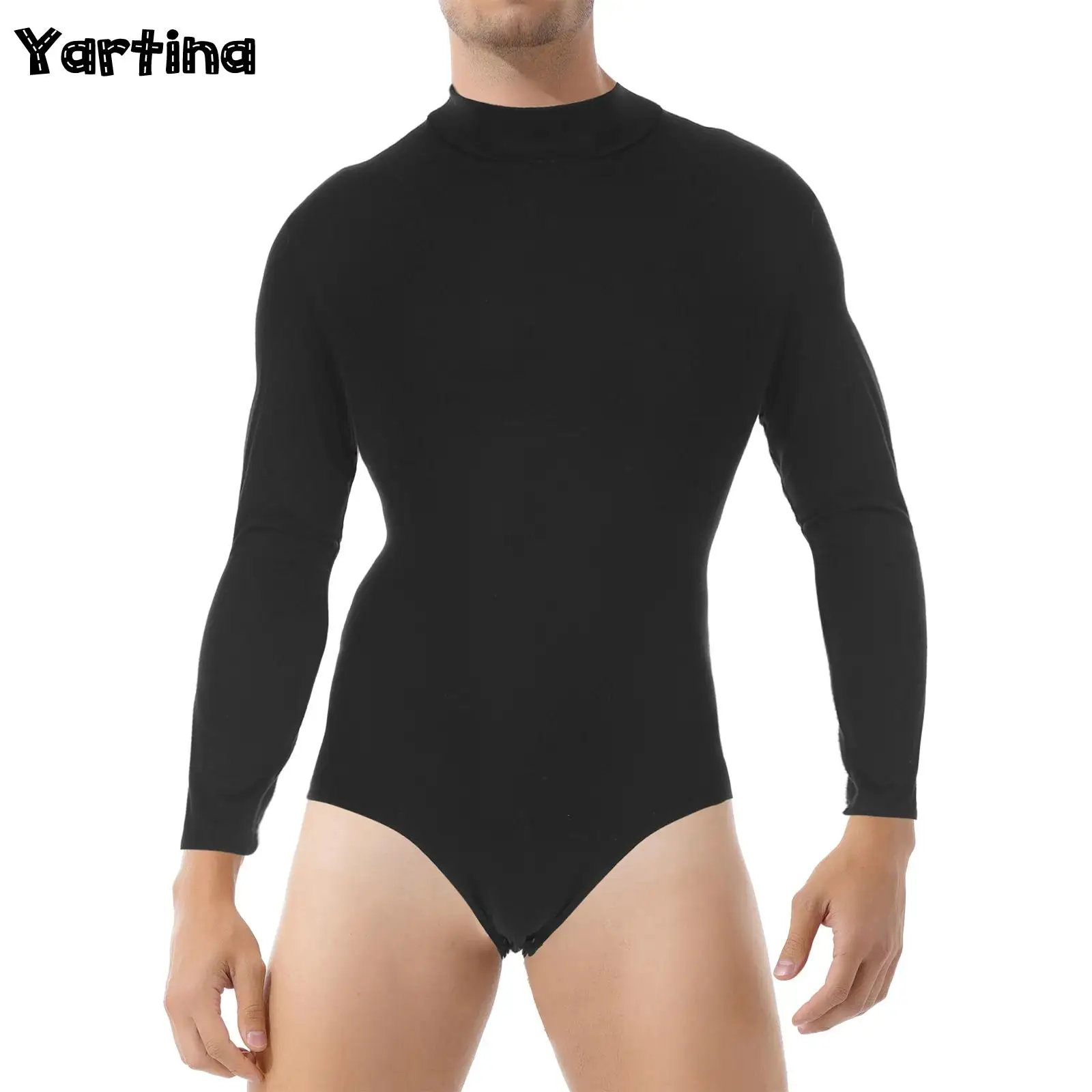 Mens Long Sleeve Bodysuit Shirts One-Piece Overall Undershirt Solid Color Press Button Crotch Modern Latin Dance Leotard Unitard