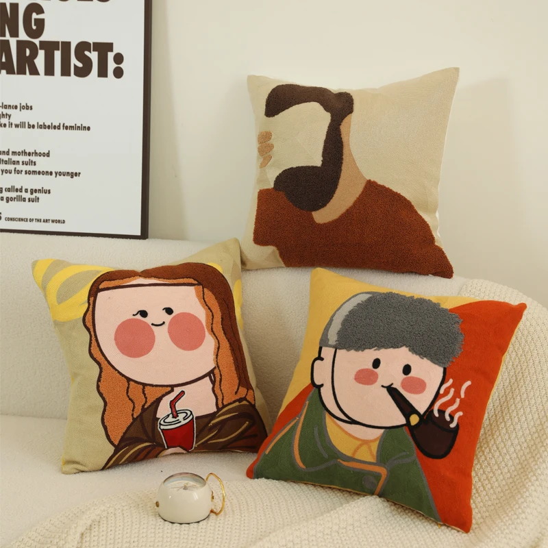Embroidered Throw Pillowcase for Girls, Cute Cartoon Sofa Cushion Cover, Frida Khalo, Living Room view 4