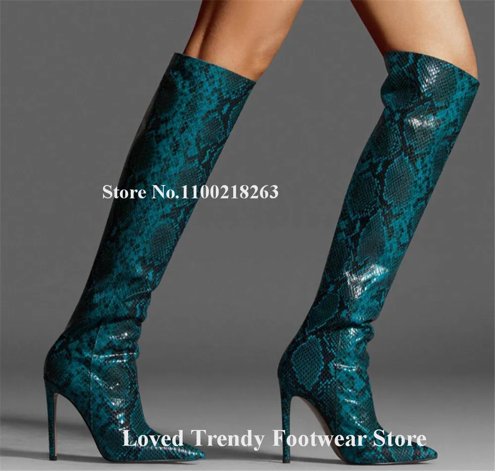 Emeline Dubois Sexy Blue Brown Snakeskin Leather Stiletto Heel Knee High Boots Pointed Toe Slip-on Thin Heel Long Boots