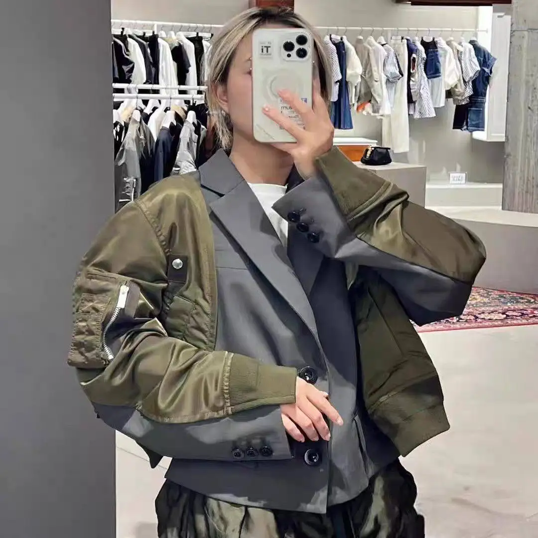 SAC 25 Japanese suit color matching splicing split fork short casual jacket tooling jacket women