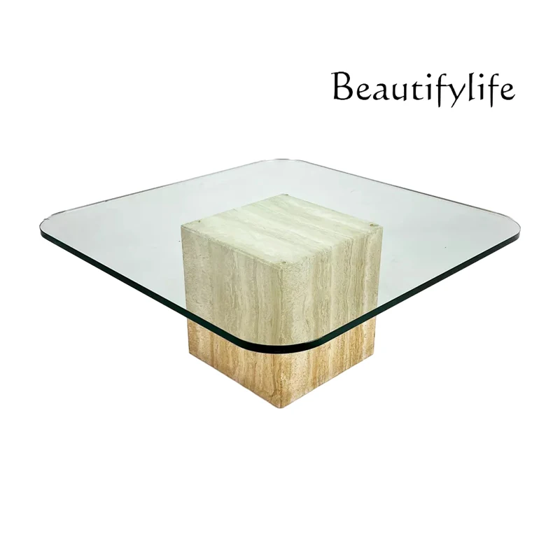 Wabi Sand Wind Natural Travertine Coffee Table Cream Wind Living Room Small Coffee Table Light Luxury Homestay Square Tea Table