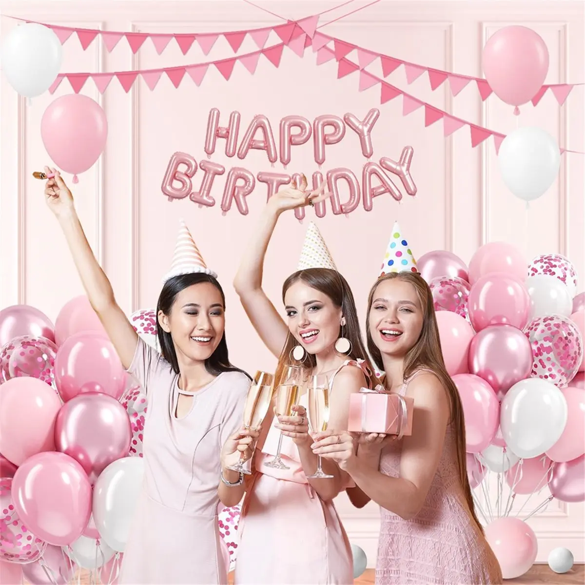 AA14 Pink and White Balloons 60PCS 12 Inch Pink White Confetti Balloons for Boho Bachelorette Birthday Party Decorations