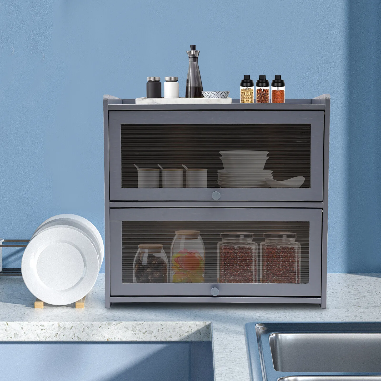 

Серый двухслойный ящик для хранения с двумя ящиками, полностью герметичный и пыленепроницаемый дизайн, органайзер для столешницы, шкафа, офисной кухни