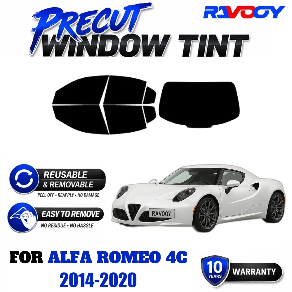 RAVOOY Precut Window Tint, Reusable Removable EPU Film, Custom Fit for Alfa Romeo 4C 2014-2020, UV Heat Protection