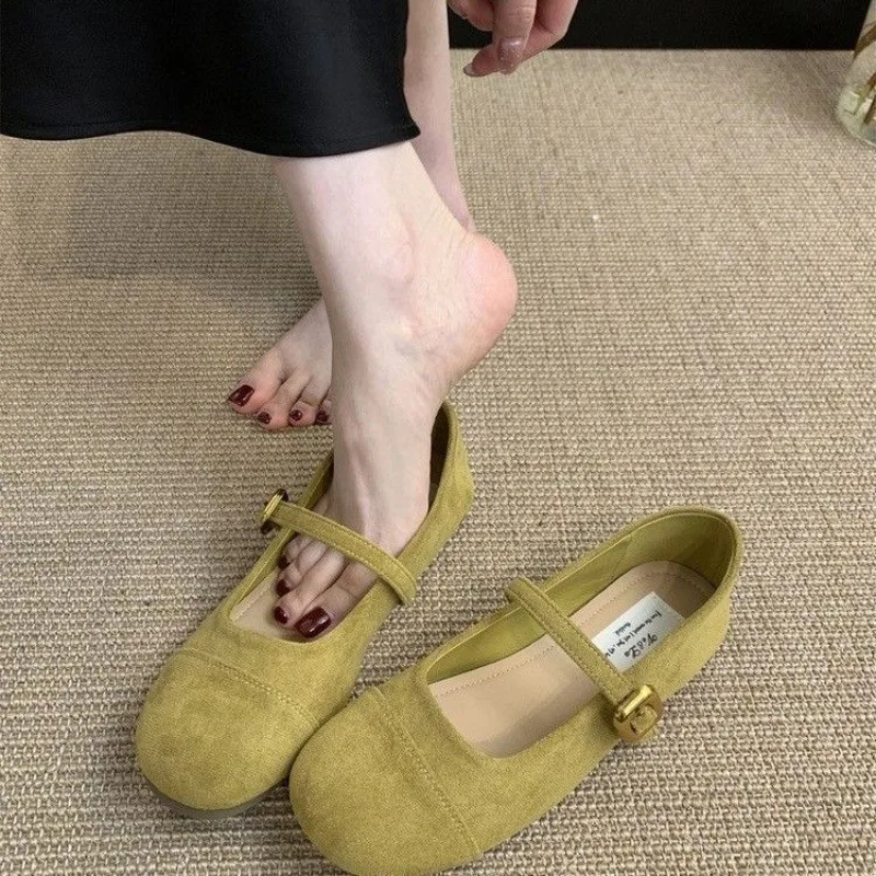 Round Toe Single Shoe Women 2026 Spring New Ballet Flats Women Elegant Flock Shallow Mouth Buckle Strap Daily Commute Flat Heels