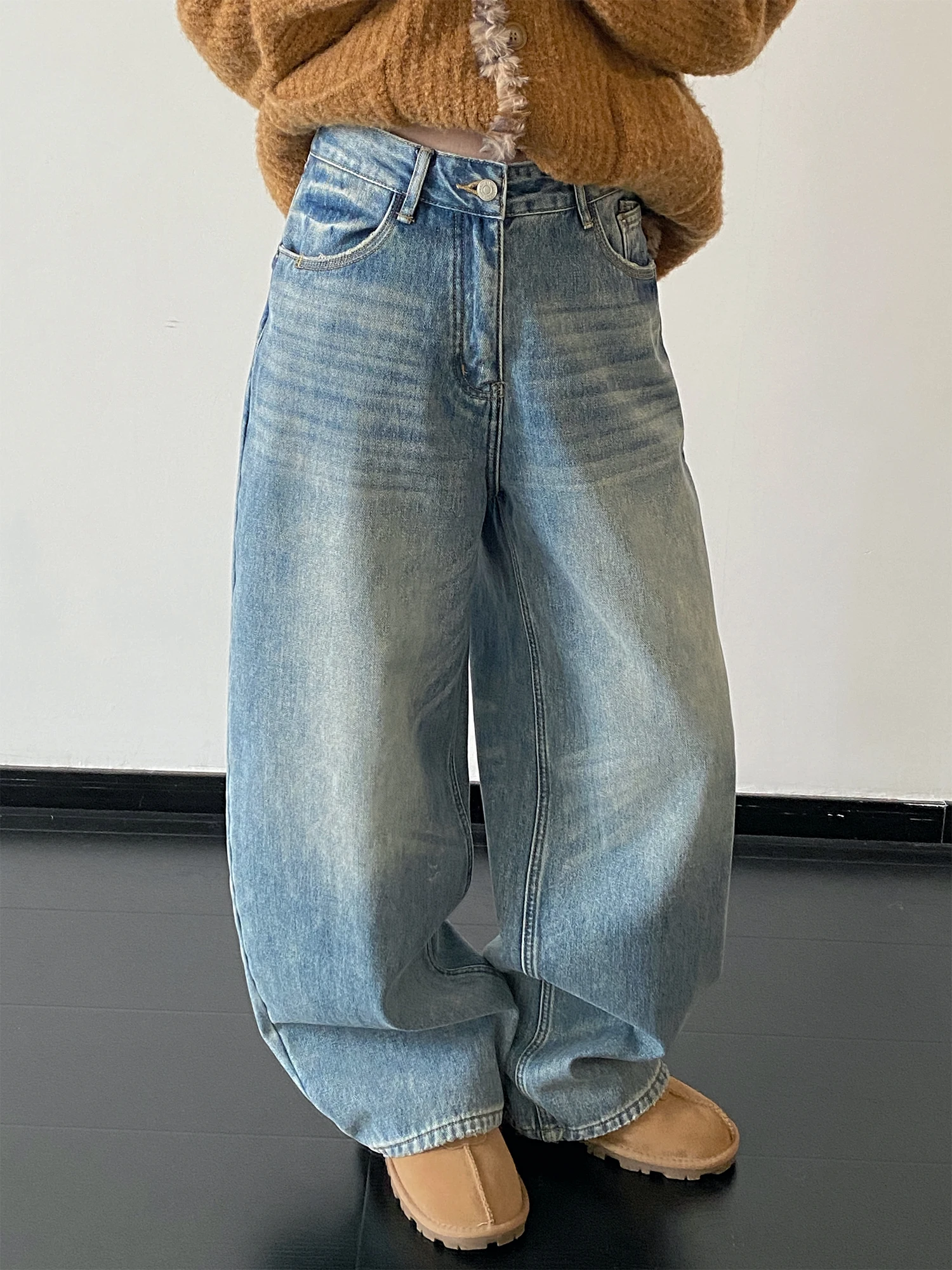 

Sun68 Thiened Waed Pattern Casual Wide Leg Jeans Loose Fit Button Detail Warm Autumn Winter Women's Jeans