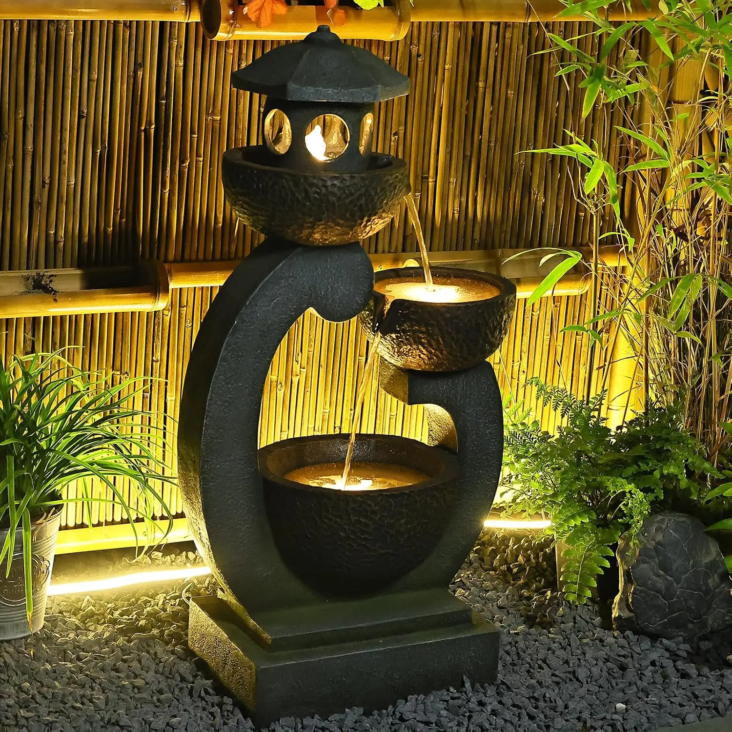 Zen Pagoda Outdoor Fountain Waterfall Bowl Pump LED Light Patio Yard Pool