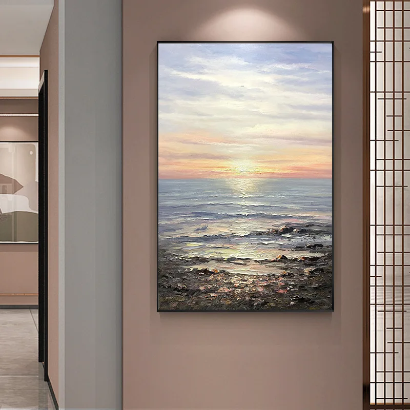 Modern Simple Rectangle Vertical Scenery Hand Drawn Porcelain Tile Aluminum Alloy LED Light Entrance Decoration Painting Mural