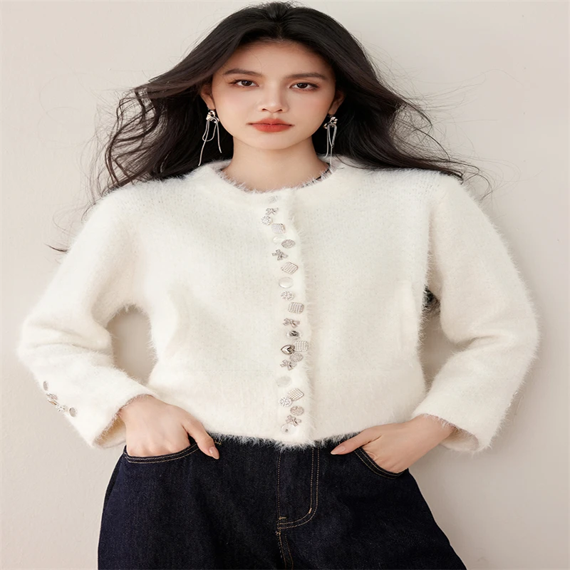 

Autumn Winter New Solid Two Piece Slim Pullover Sweater Women's Cardigan Diamond Button Versatile Knit Long Sleeved Top clothing