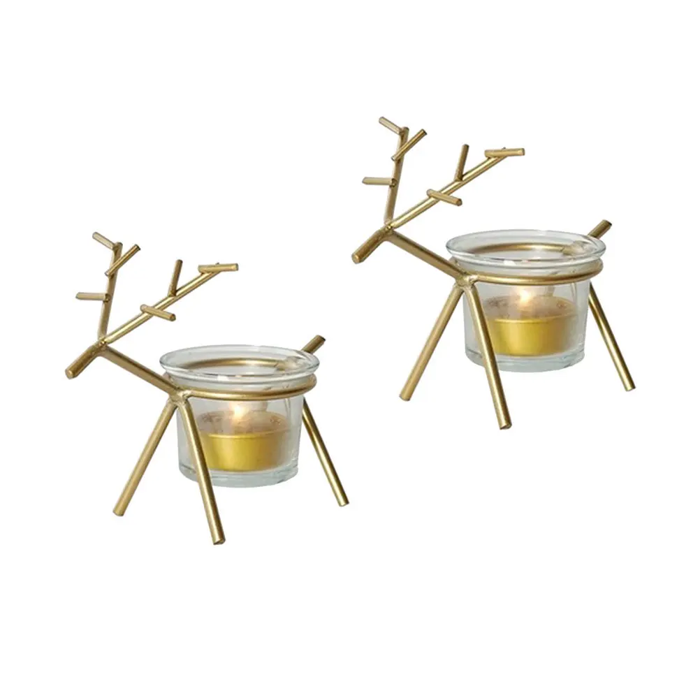 2 Pcs Christmas Deer Iron Holders for Home Decor Votive Scented Candles Glass Decoration Xmas Gifts