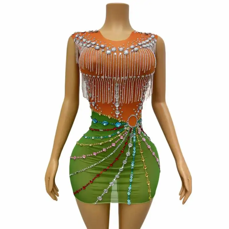 Abito elasticizzato con frange di strass verde per le donne senza maniche splendido abbigliamento da palcoscenico See Through DJ DS Gogo Drag Queen Costume