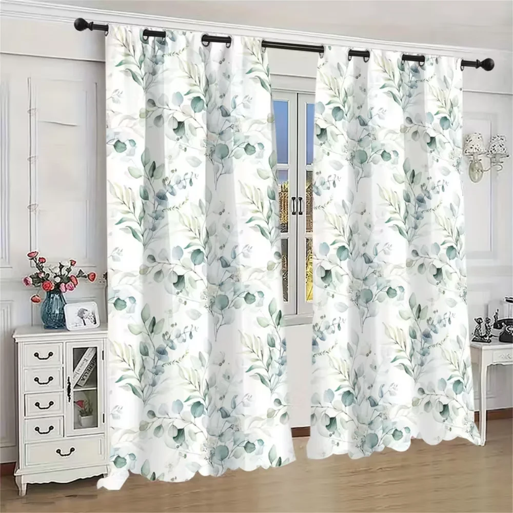 VIKAMA 2pc Vintage Eucalyptus Leaf Print Curtains, For Living Room, Bedroom, Study Room, Bathroom, Privacy Protection Home Decor
