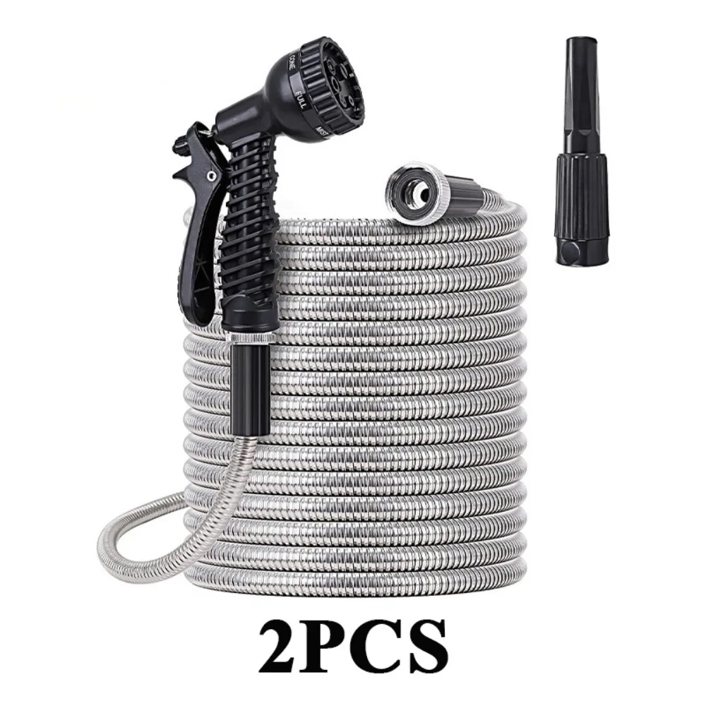2PCS Stainless Steel Garden Hose Pipe 25/50/75/100ft US Standard Threads Automatic Scaling for All-Season Yard Lawn Car Outdoor