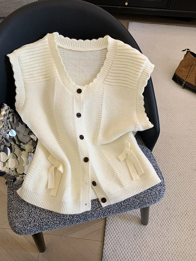 

Sweet Sle Knitted Open Cardigan Vest Women's Outerwear U-Ne Knot Spring Casual High Waist Loose Fit Long Sve