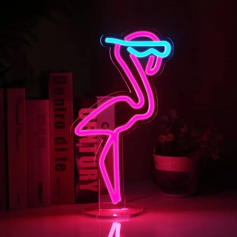 Flamingo Neon Sign Cool occhiali da sole supporto alimentato tramite USB incluso LED Light dimmerabile Wall Girls Bedroom Decoration