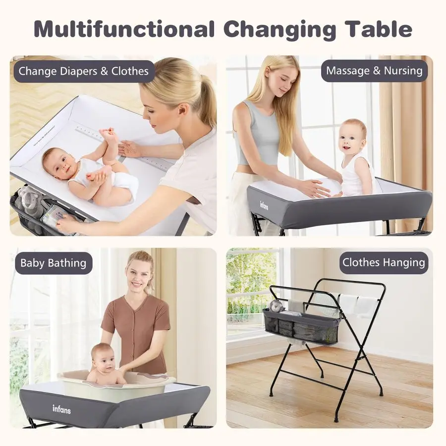 Baby Changing Table with Wheels, Portable Folding Diaper Station Nursery Organizer with Storage Basket, Hanging Rack, Adjustable