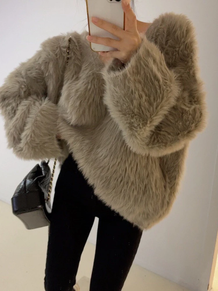 BZVW Fashion Imitation Mink Fur Knitted Sweater Women V-neck Long Sleeves Solid Color Korean Sweaters 2024 Autumn New 25A8732