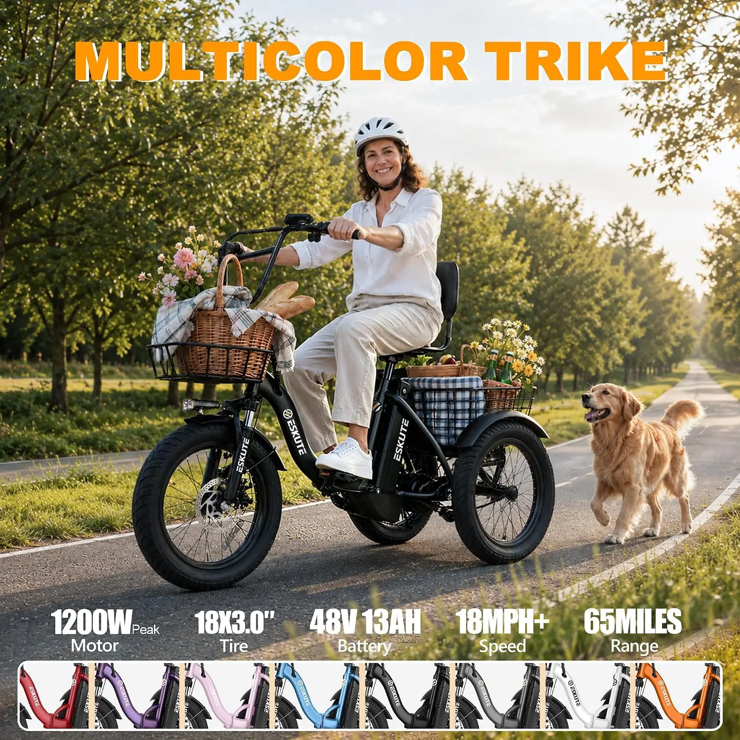 T300 Electric Tricycle for Adults, Peak 1200W Motor Folding E-Trike, 48V 13Ah Battery, 18" x 3.0" Fat Tire 3-Wheel, Customized - view 2