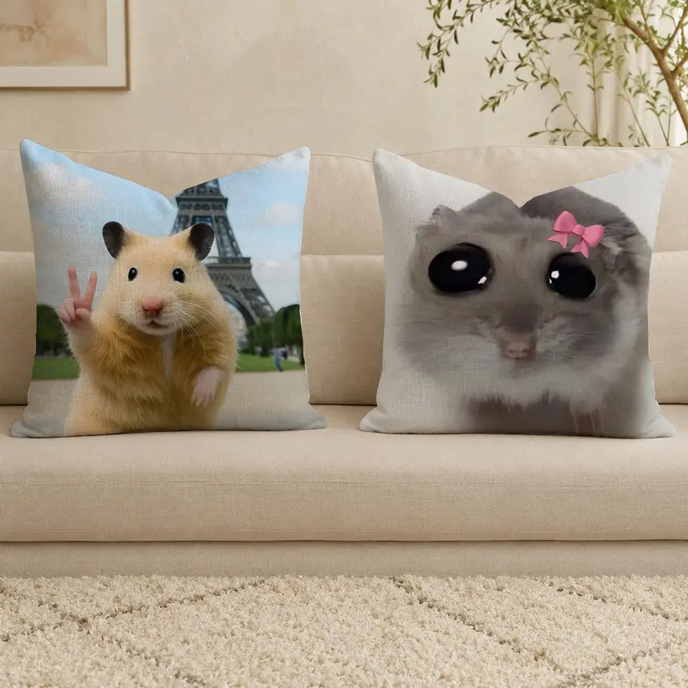 Meme Sad Hamster Cushion Cover Linen Double-sided Printed Cushion Cover, sofa pillow case，Nordic Home Decor