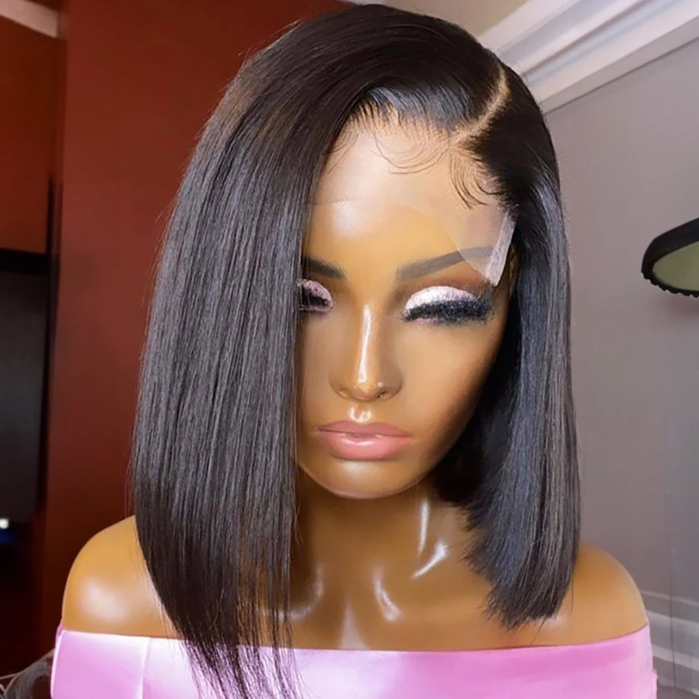 Peluca Bob corta recta de 250 de densidad, pelucas de cabello humano Frontal de encaje HD 13x6, peluca brasileña de cabello humano sin pegamento 7x5, prearrancada en venta