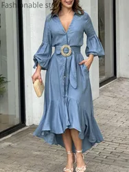 Women Elegant Solid Color Lantern Sleeve Ruffle Hem Pocket Design Belt Maxi Dress Without Lining