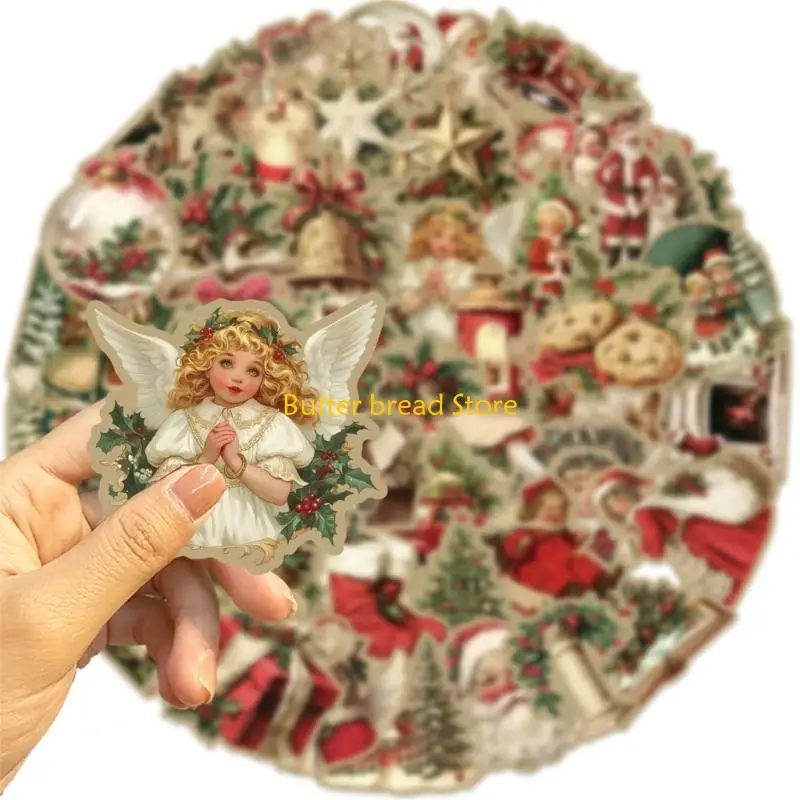 W89C 50 Pcs/Set Self-Adhesive Sticker Christmas Sticker Cartoon Santa Decal Retro Water Bottle Sticker for Kids