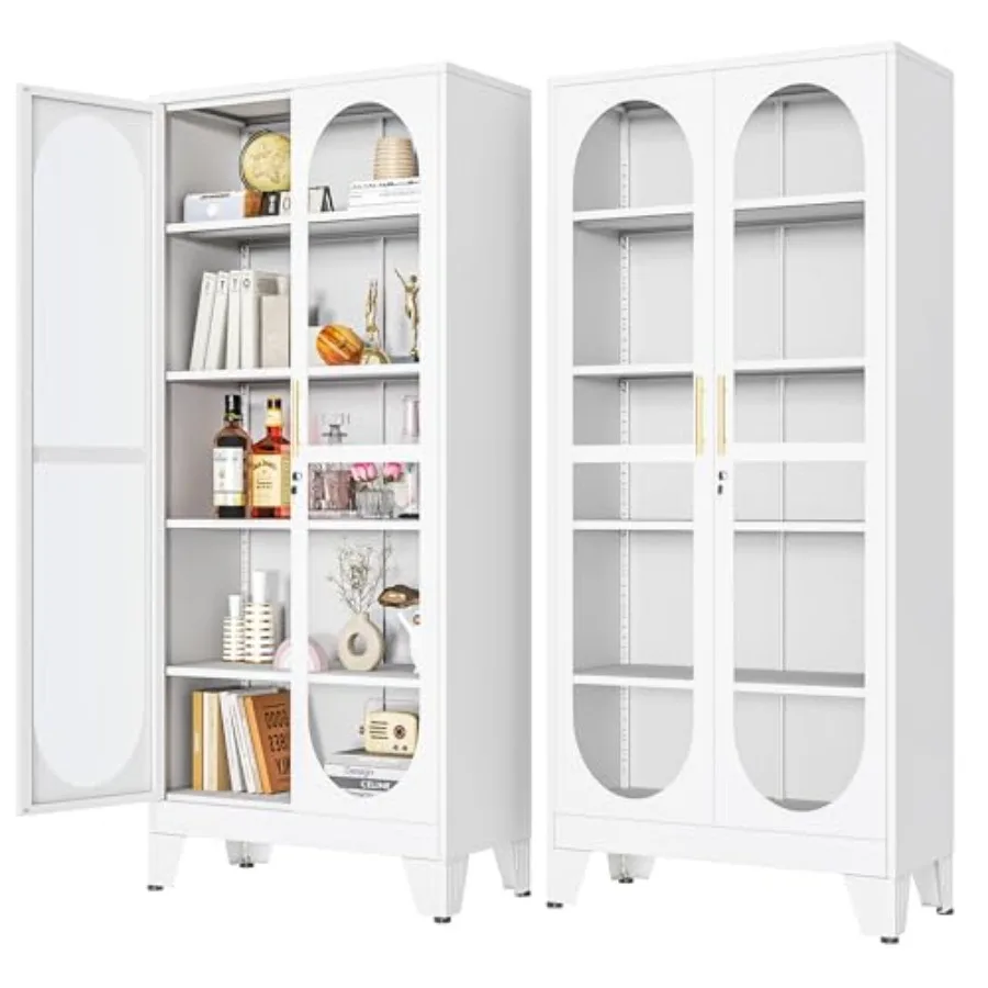 H Locking Display Cabinet with Glass Door, Metal Curio Cabinets with 4 Adjustable Shelves, Tall Liquor Cabinet Display Case for
