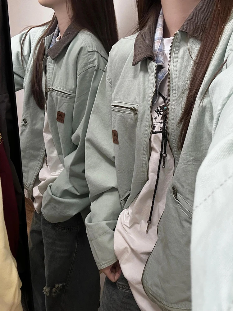 

Retro American Sle Women's Casual Workwear Jaet Loose Fit Color Blo Design Spring Autumn Classic Turn-down Collar Coat